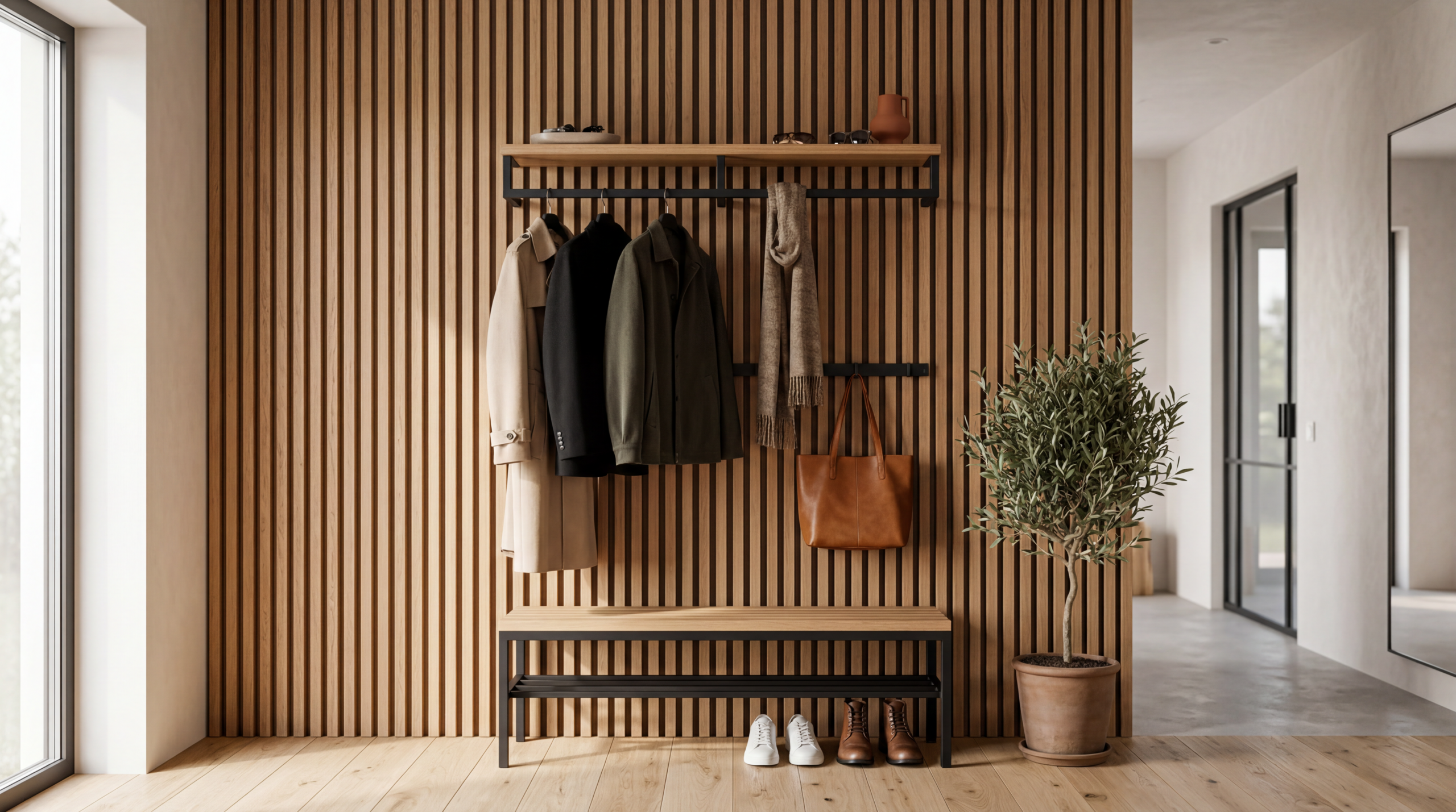 lamele, lamele w przedpokoju, wieszak na lamele, wieszak do przedpokoju, wieszak z lameli, wieszak do przedpokoju, aranżacja przedpokoju z lamelami