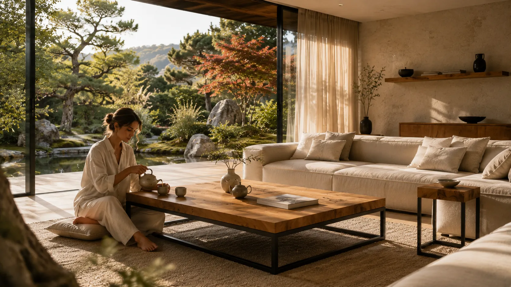 Japandi to styl wnętrzarski łączący japoński minimalizm (prostota, funkcja, pustka jako wartość) ze skandynawskim ciepłem (naturalne drewno, przytulność, jasne kolory).